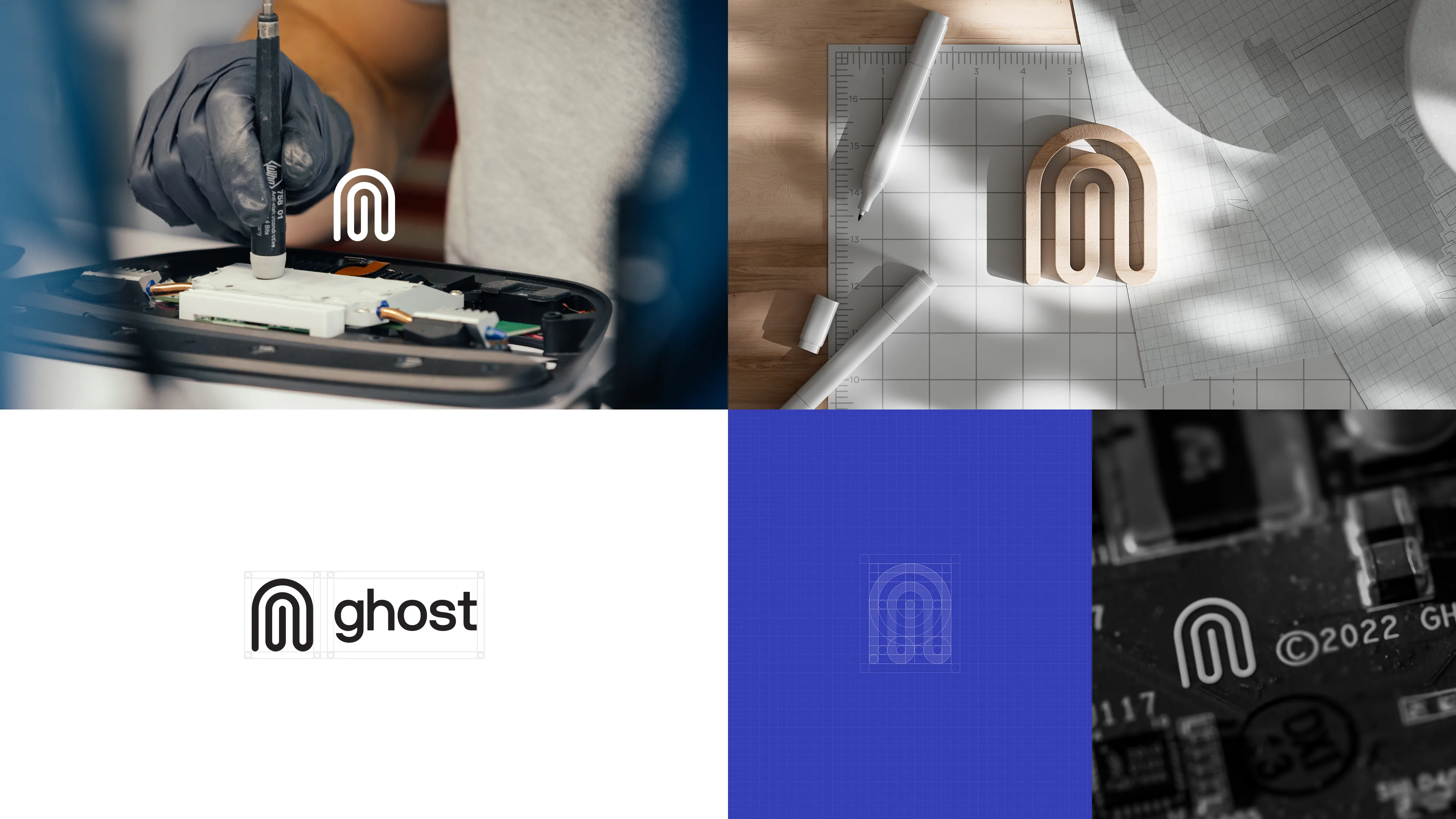 The Ghost mark: hand assembly, a carved model, the wordmark, and the logo on blue and on a circuit board