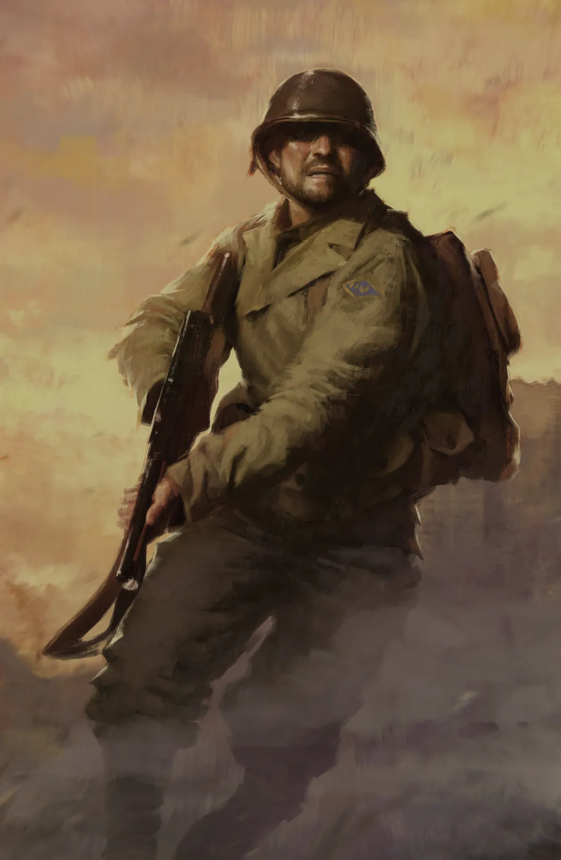 Painted illustration of a WWII soldier advancing through smoke