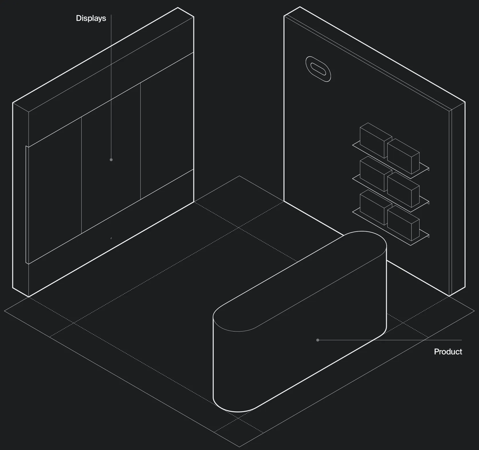 Line drawing of the 16 by 16 foot layout with displays, product wall and table