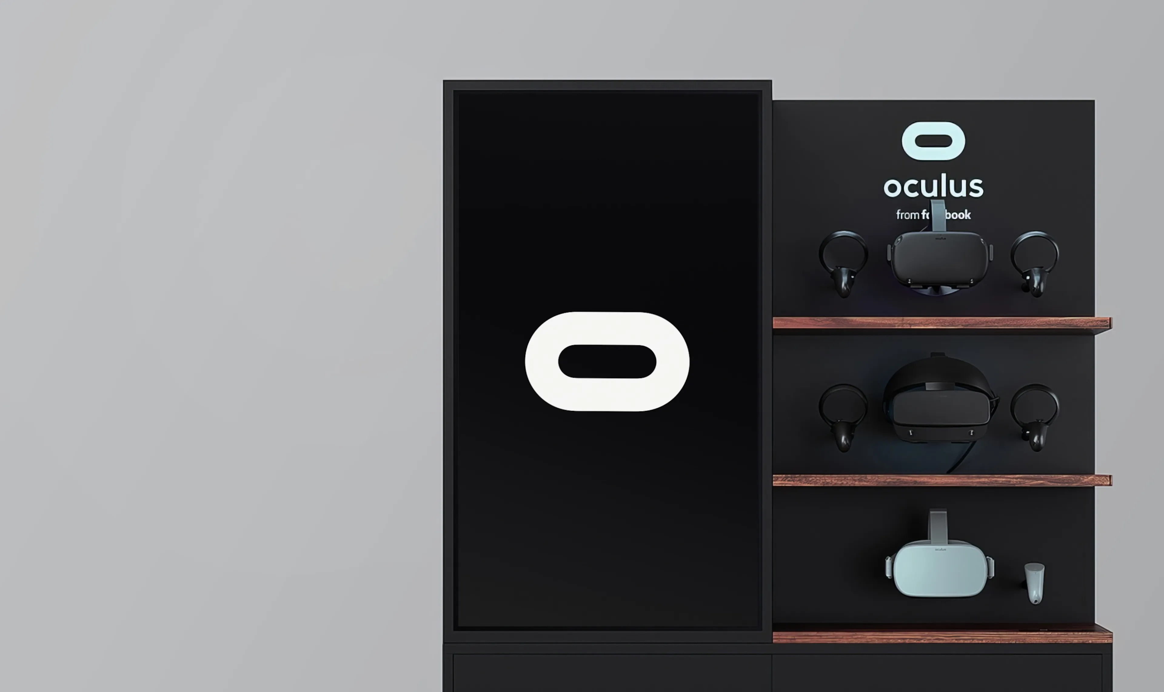 The vertical touchscreen kiosk beside Oculus product shelves