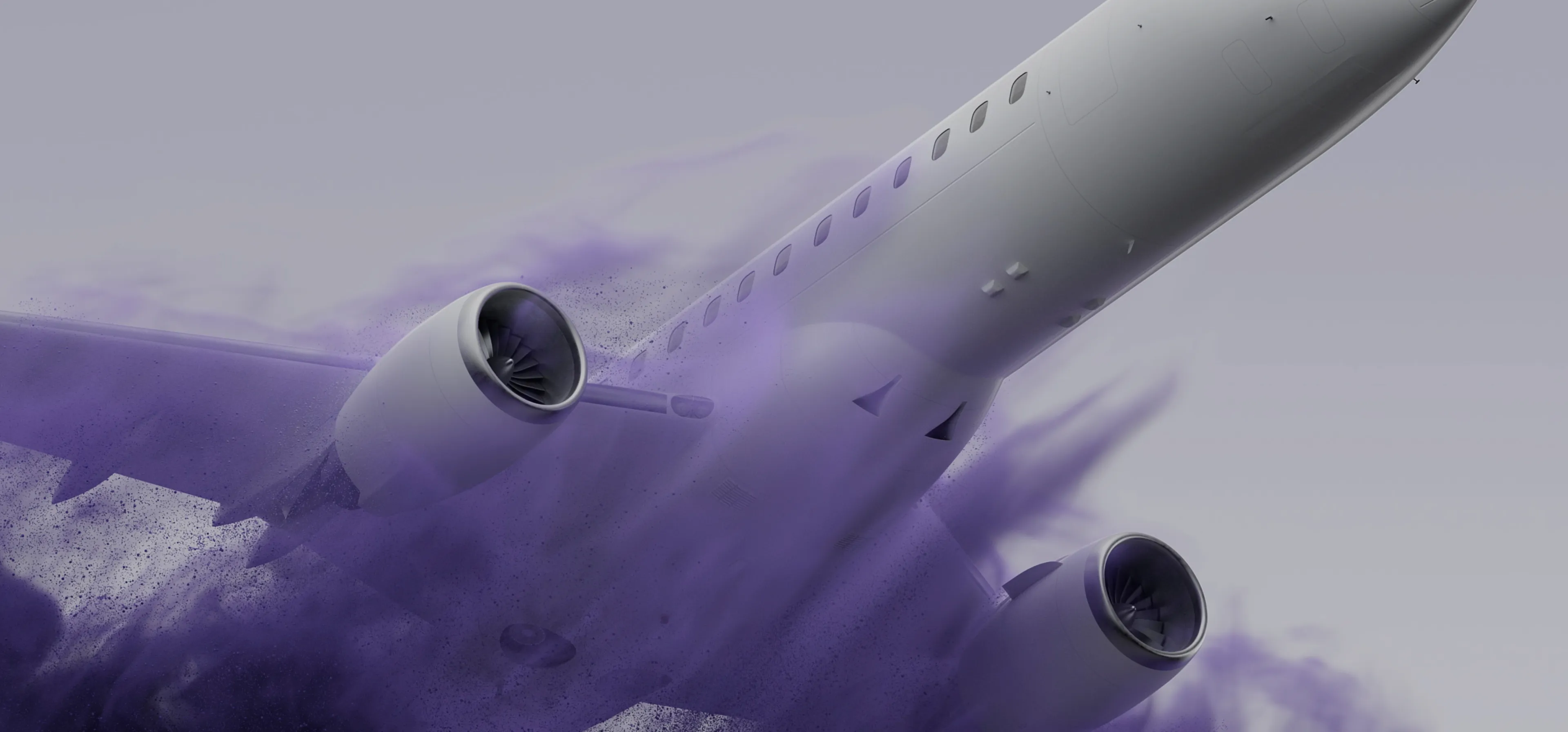 A white jet bursting through clouds of purple particles