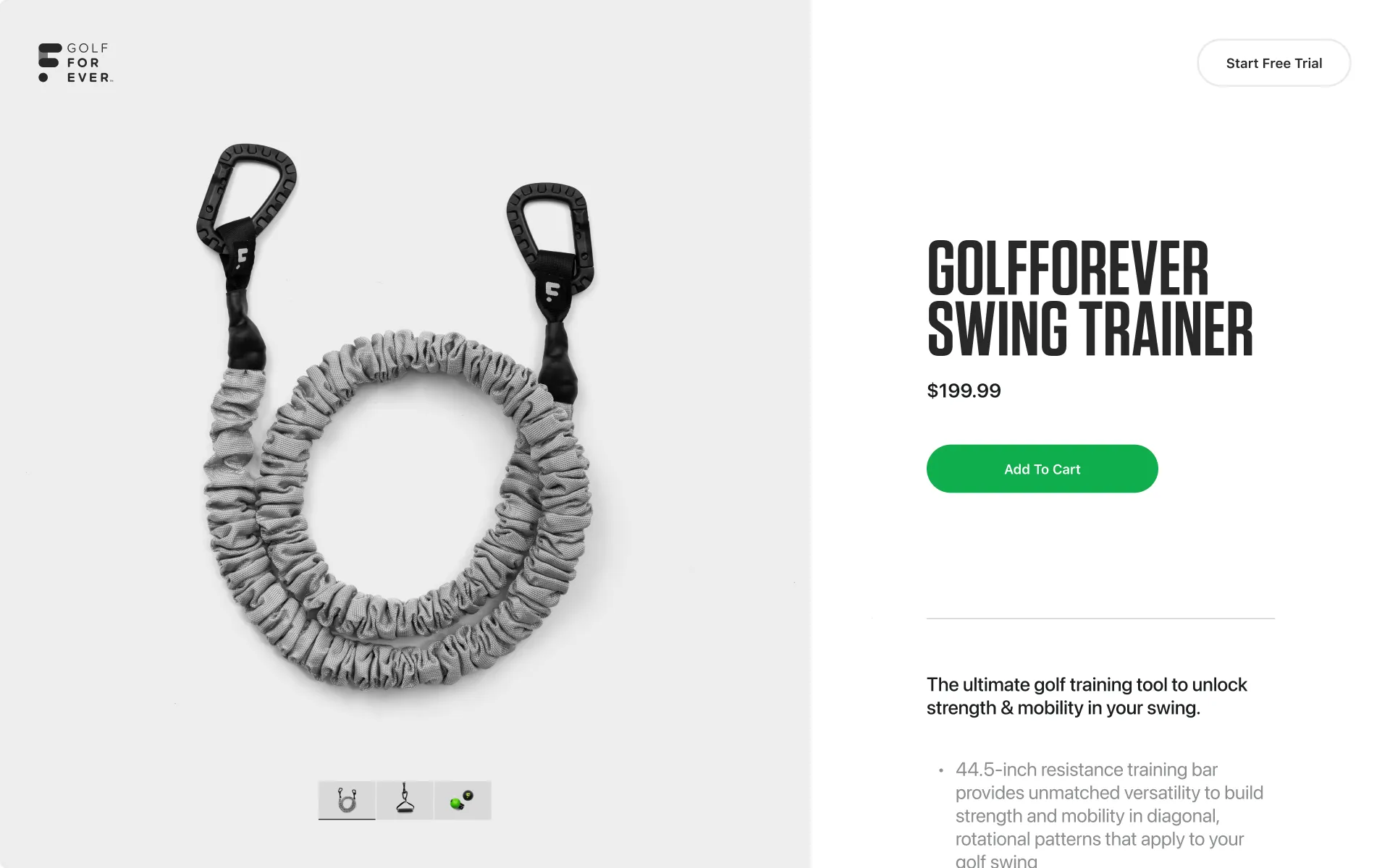 The Swing Trainer product page with the resistance band